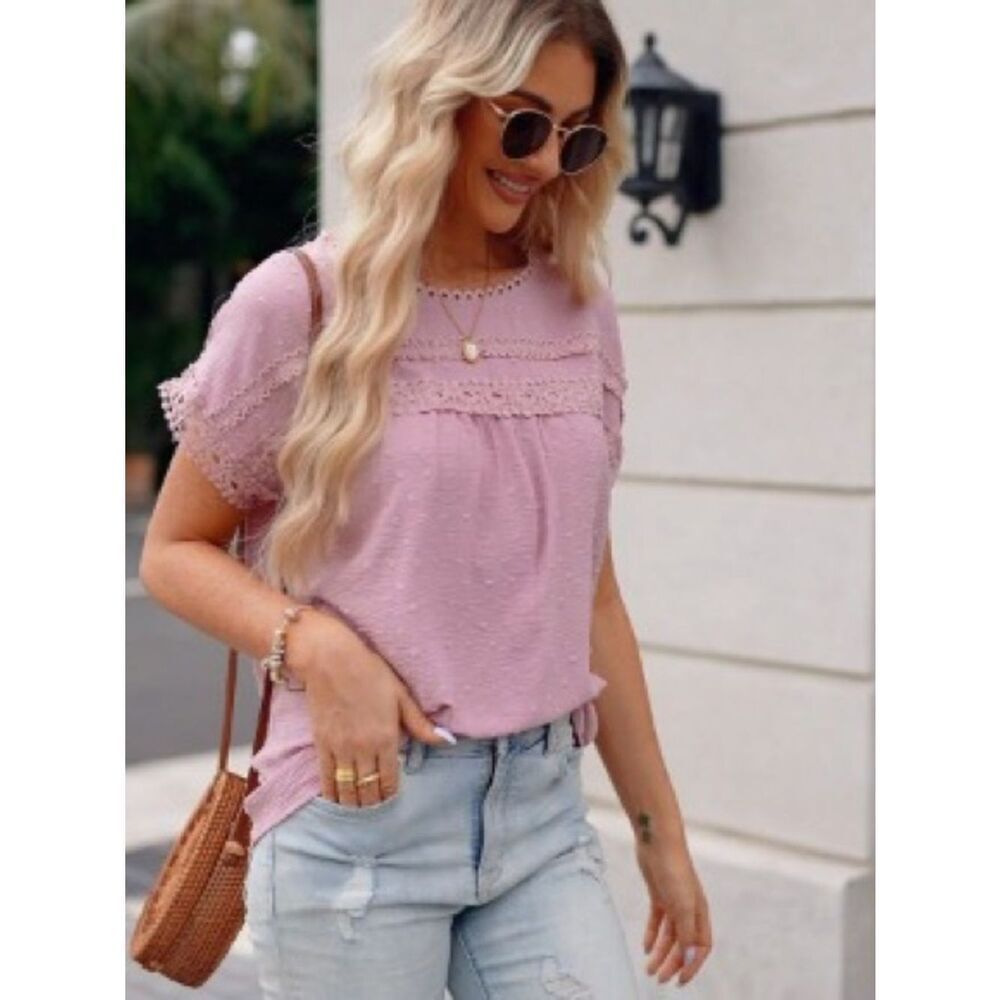 Anthropologie Mine Lace Yoke Short Sleeve Blouse - Pink